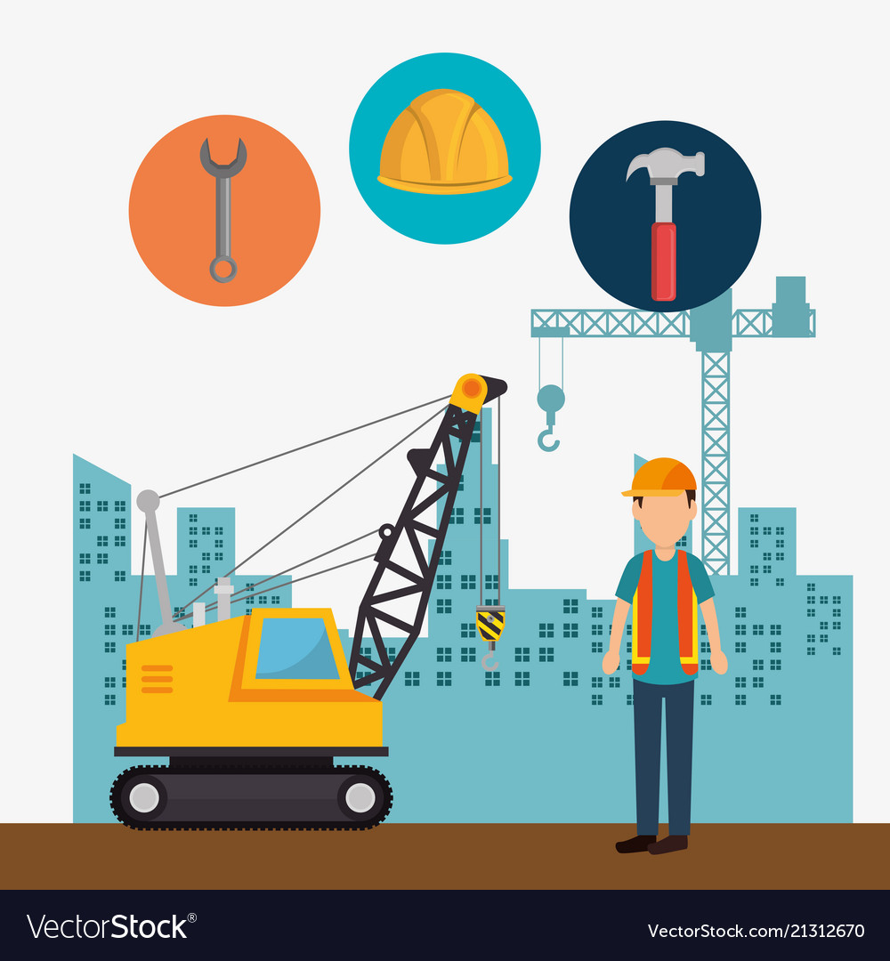 Construction Worker With Under Icons Royalty Free Vector