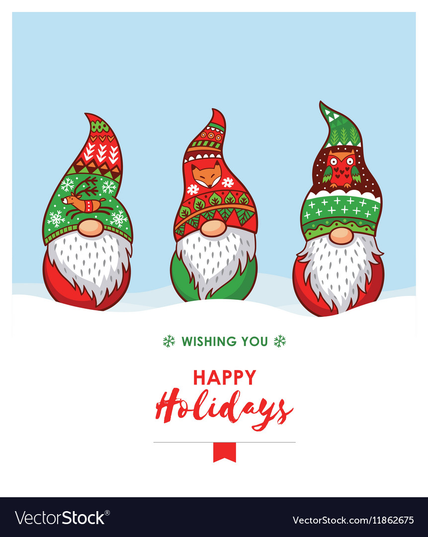 Download Happy Holidays card with Christmas gnomes in red Vector Image