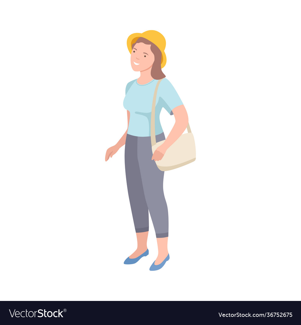 Woman tourist character with bag on excursion