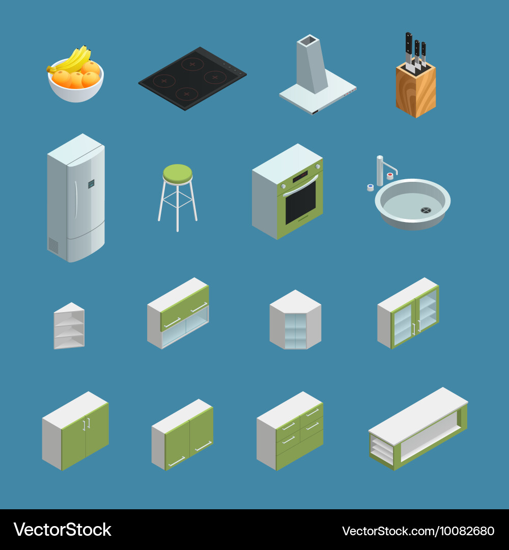 Kitchen interior elements isometric Royalty Free Vector