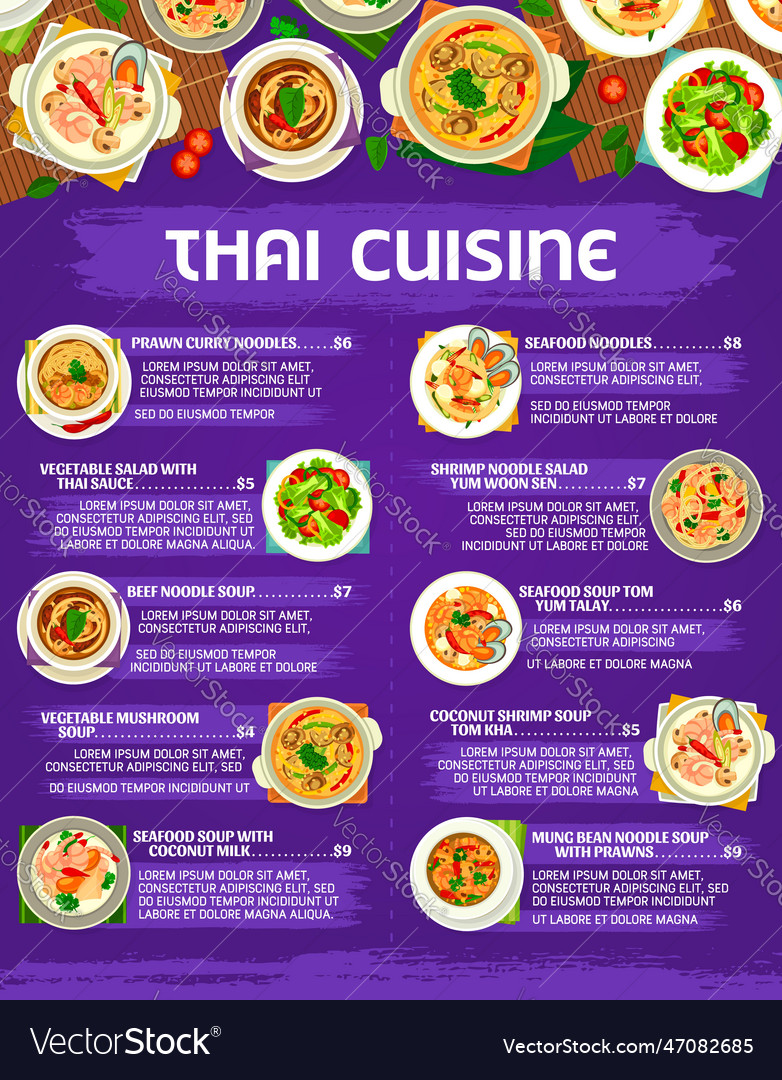 Thai cuisine menu thailand dishes noodles soups Vector Image