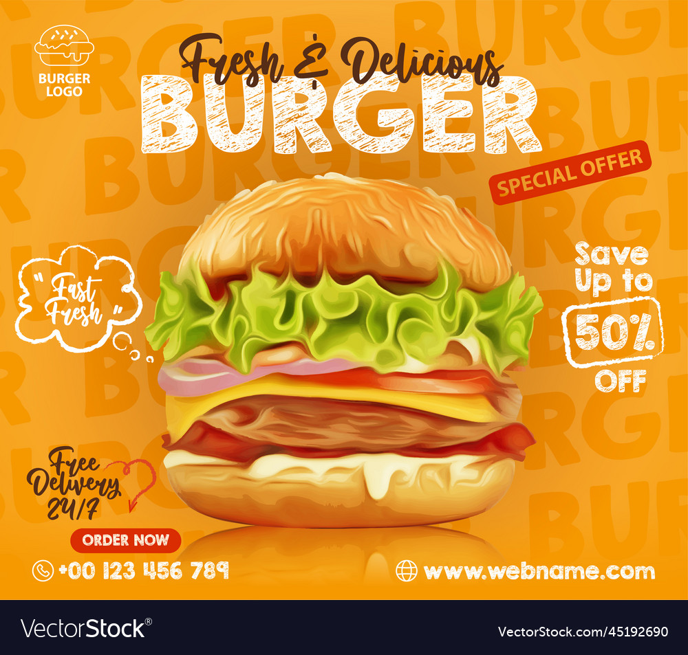 Delicious beef burger food menu banner social Vector Image