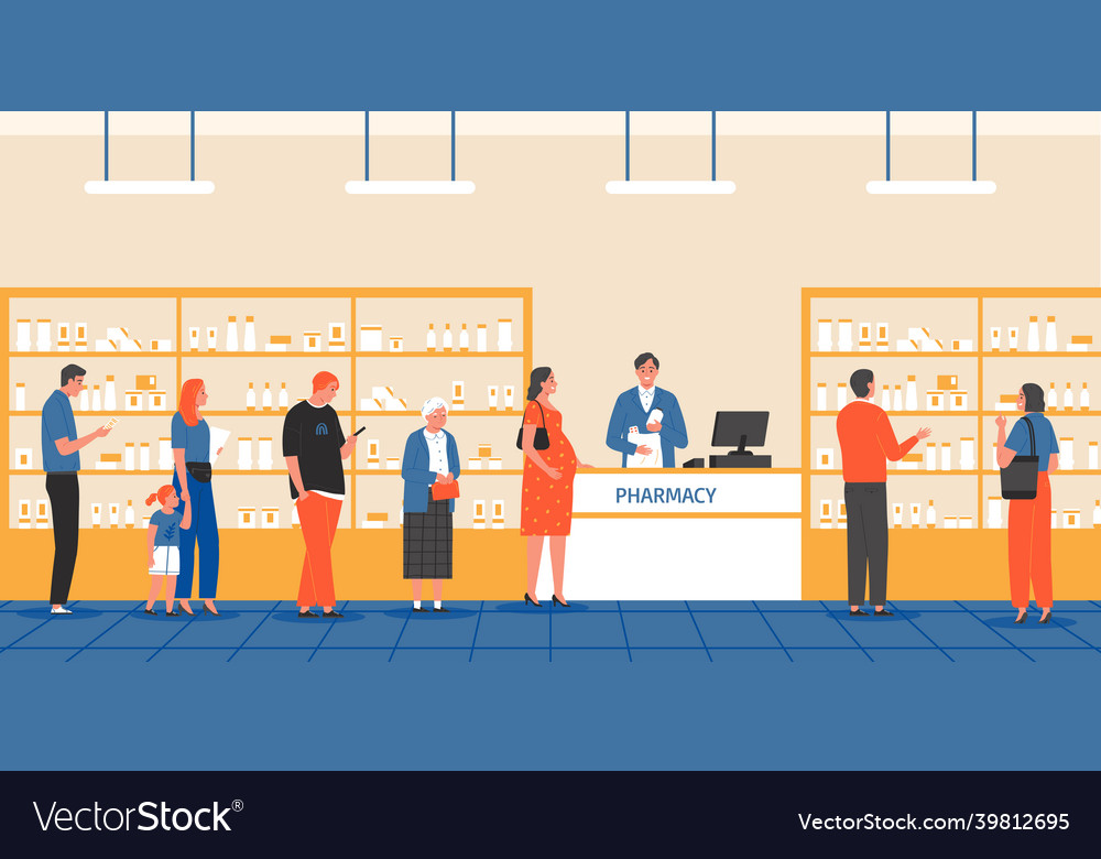 Queue in pharmacy composition Royalty Free Vector Image