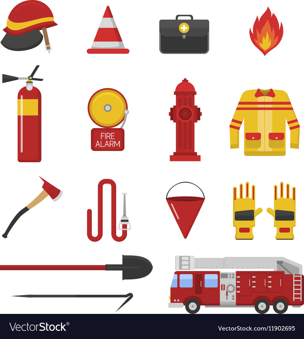 Set firefighter safety flat icons Royalty Free Vector Image