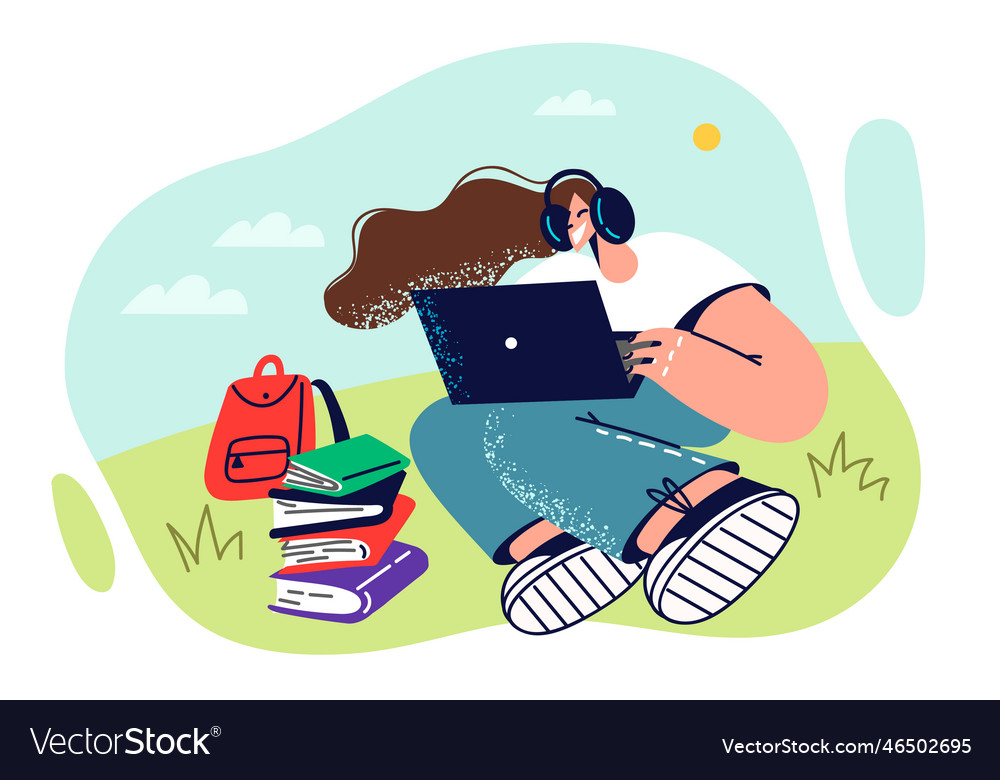 Student girl with laptop sits on green lawn in Vector Image