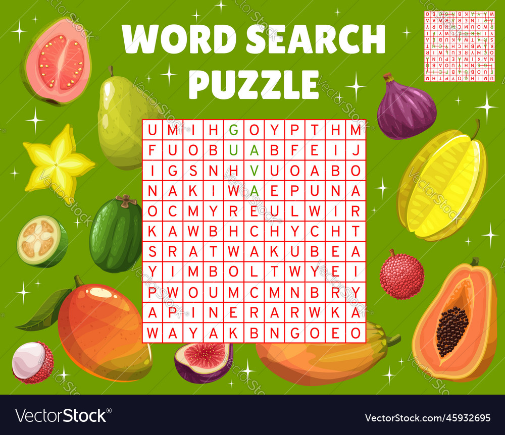 Tropical Raw Fruits Word Search Game Worksheet Vector Image 0639