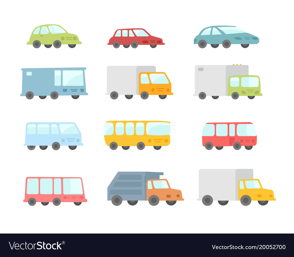 Set of different cartoon transparent cars buses Vector Image