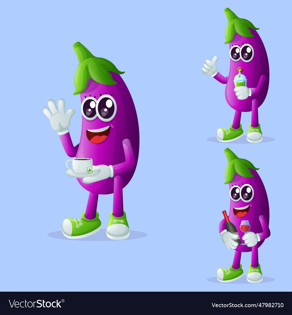 Cute Eggplant Characters Enjoying Beverages Vector Image