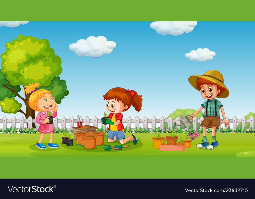 Children planting tree in pot Royalty Free Vector Image