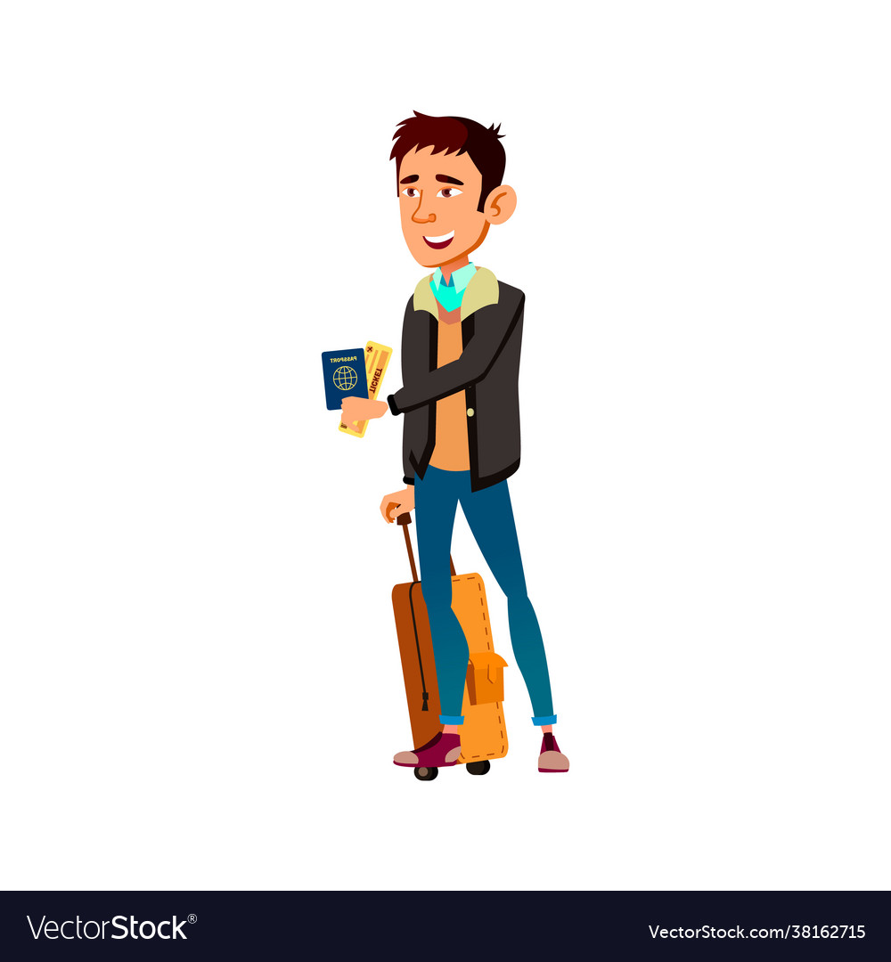 Young boy with baggage giving passport and ticket Vector Image