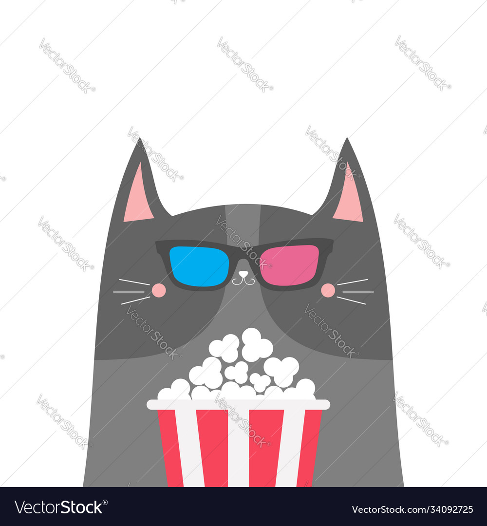 Gray cat and popcorn cinema theater cute cartoon