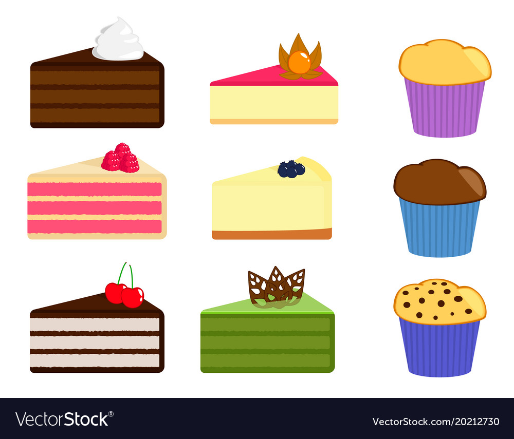 Set of cake slices and muffins