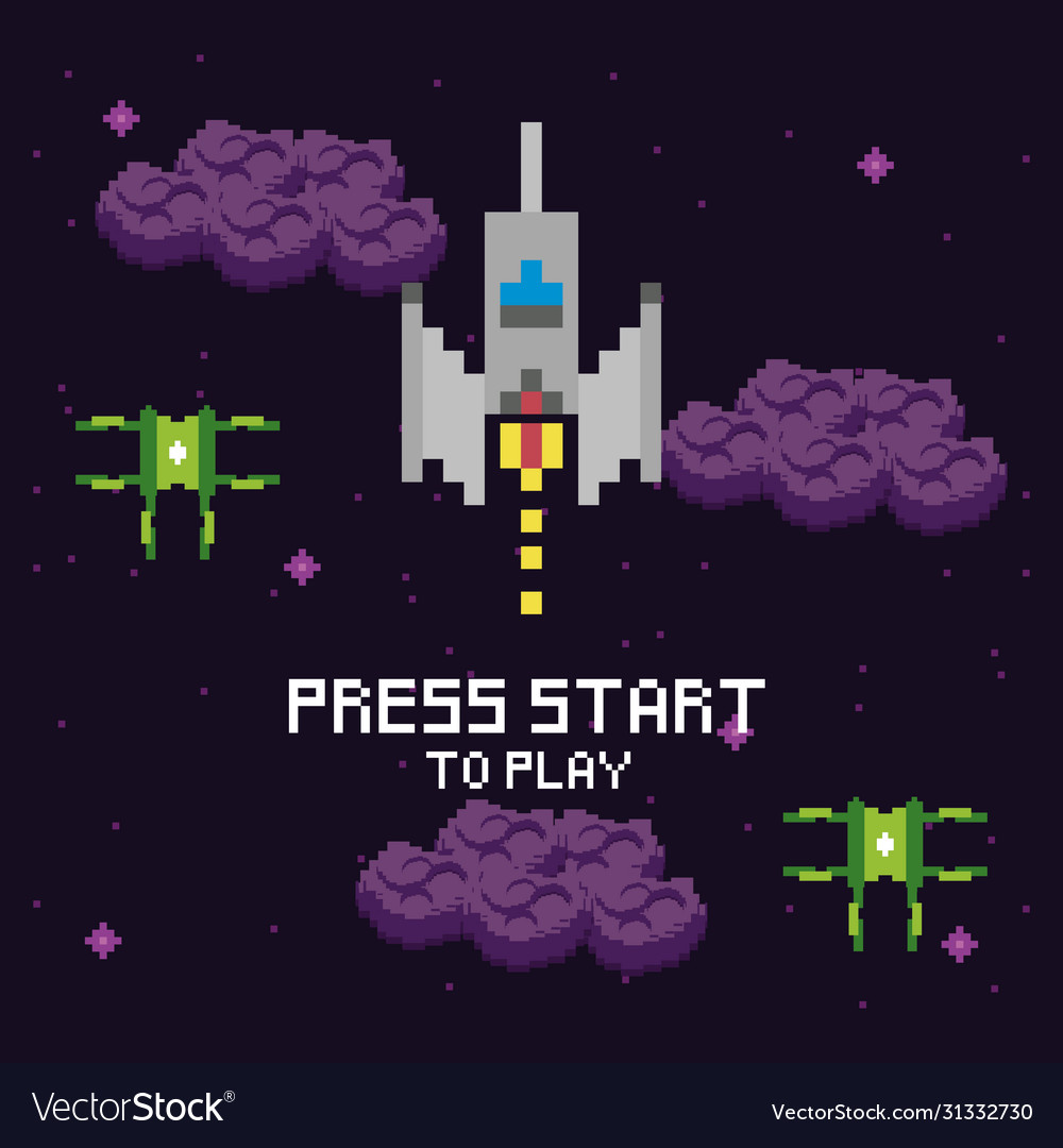 Video game space pixelated scene and press star