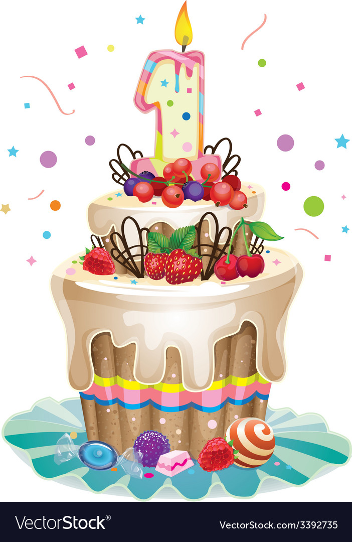 Happy birthday tasty cake with candle number one Vector Image