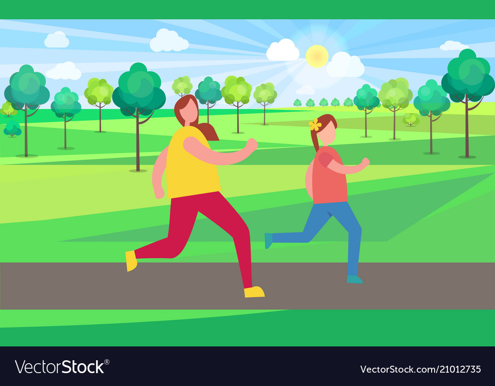 Mother and daughter jogging in park Royalty Free Vector