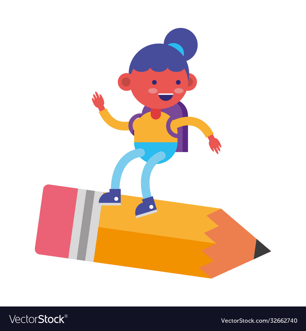 Little student girl flying in pencil comic Vector Image