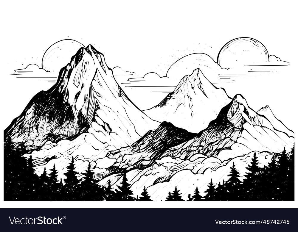 Hand drawn ink sketch of mountain with pine trees Vector Image