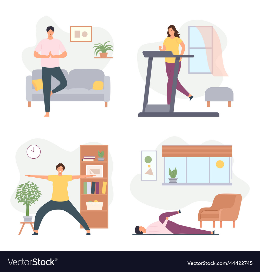 Home exercises male and female characters doing Vector Image