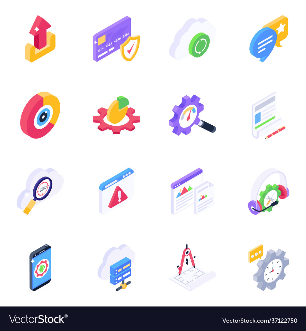 Pack seo analysis isometric icons Royalty Free Vector Image