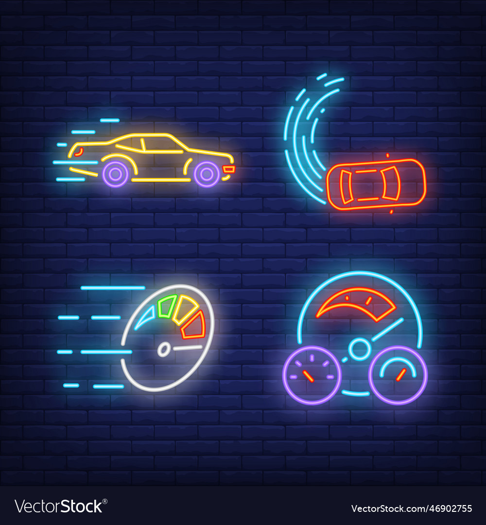 Racing cars and speedometers neon signs set Vector Image