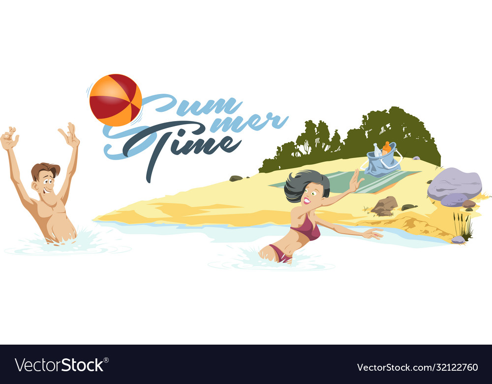Girl and guy on beach with ball funny people Vector Image Girl and guy on beach with ball funny people Vector Image