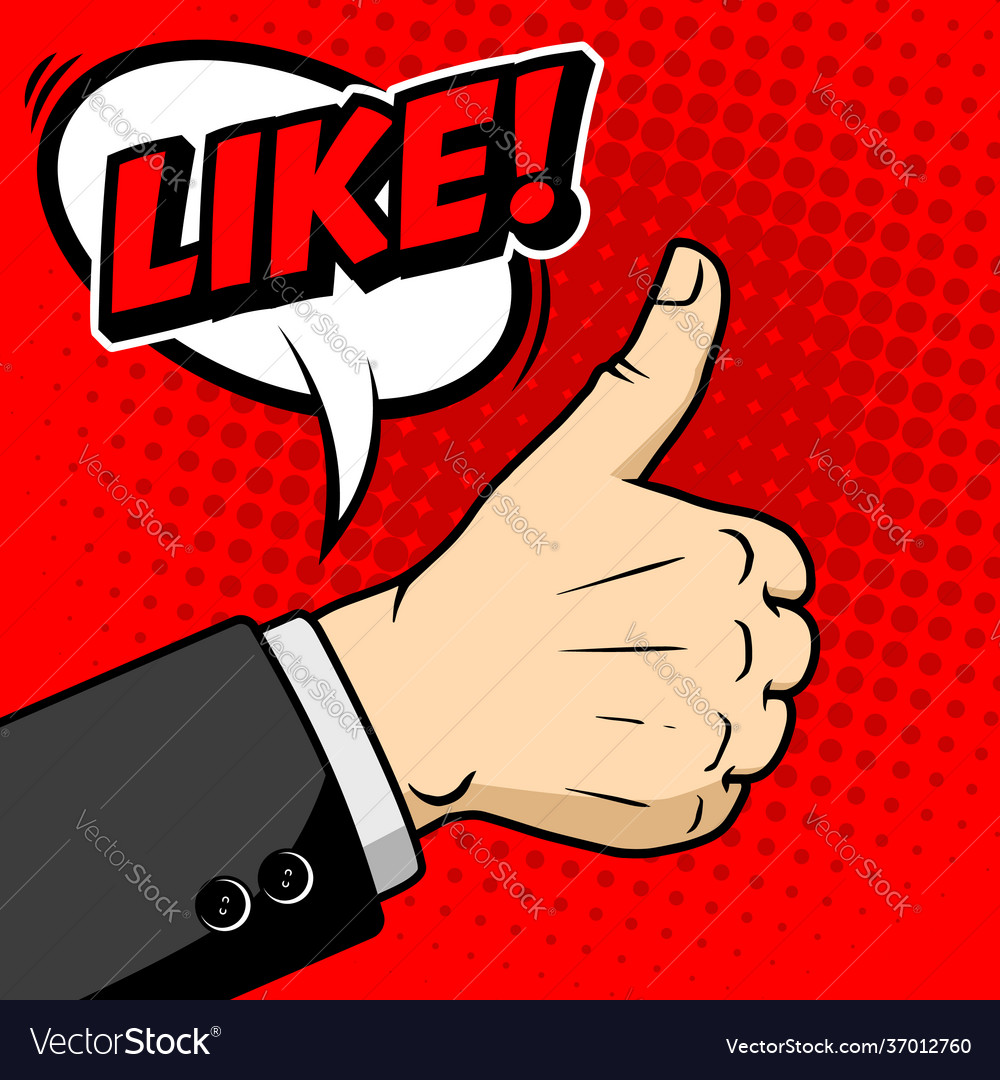 Hand with like sign in comic style design element vector image Hand with like sign in comic style design element