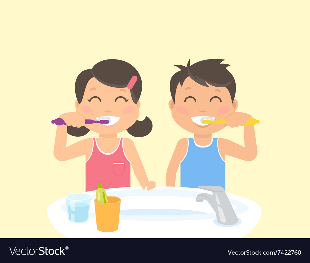 Happy kids brushing teeth standing in bathroom Vector Image