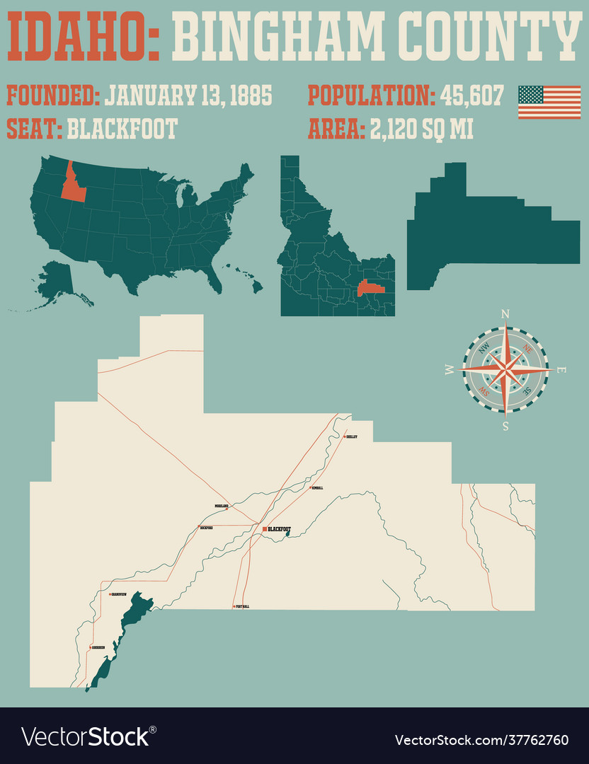 Map bingham county in idaho Royalty Free Vector Image