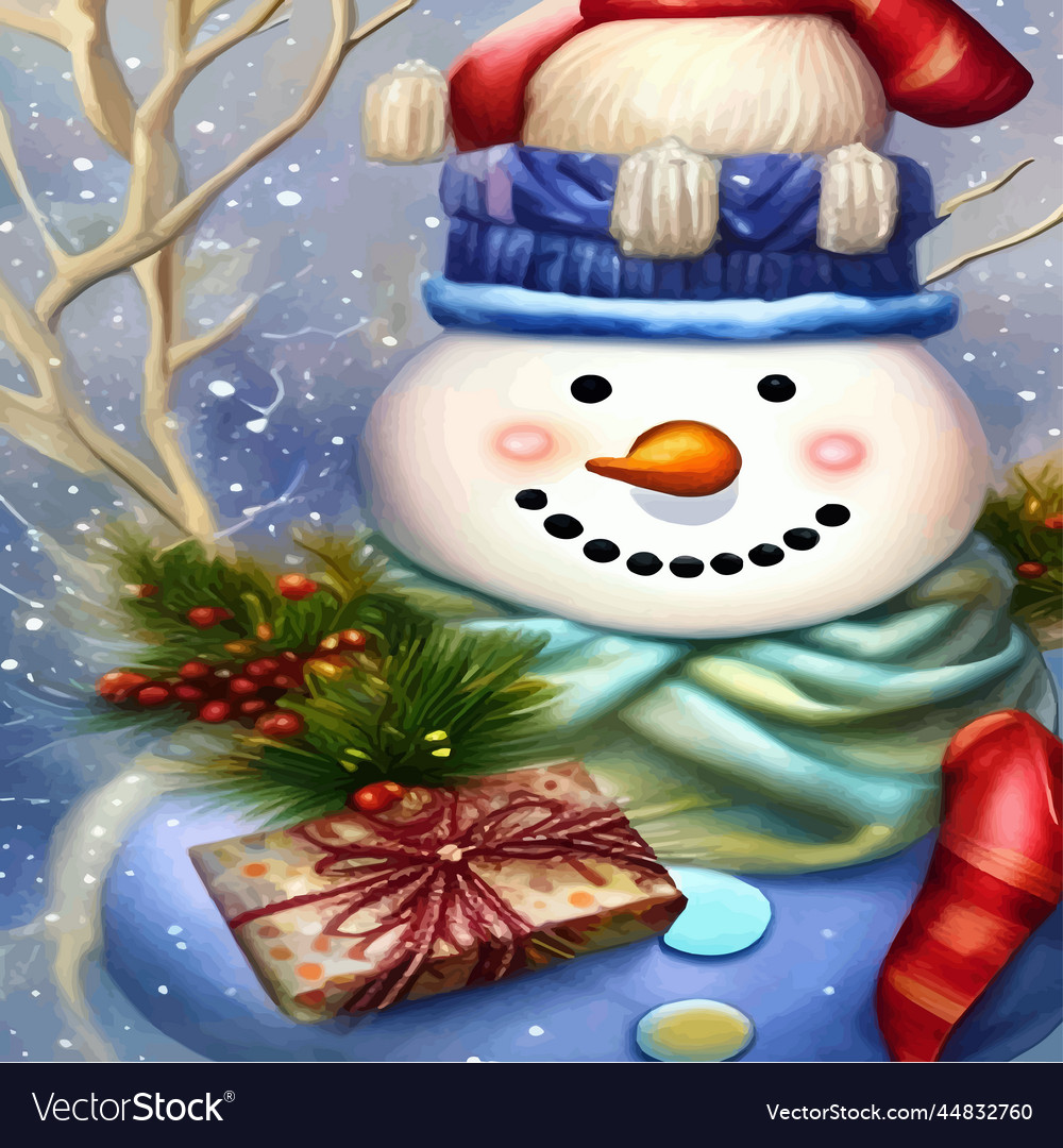 Watercolor christmas cute snowman Royalty Free Vector Image