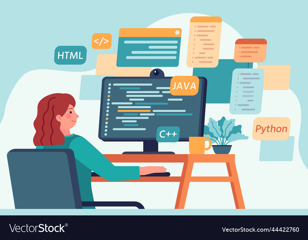 Web designer and programmer working at desktop Vector Image