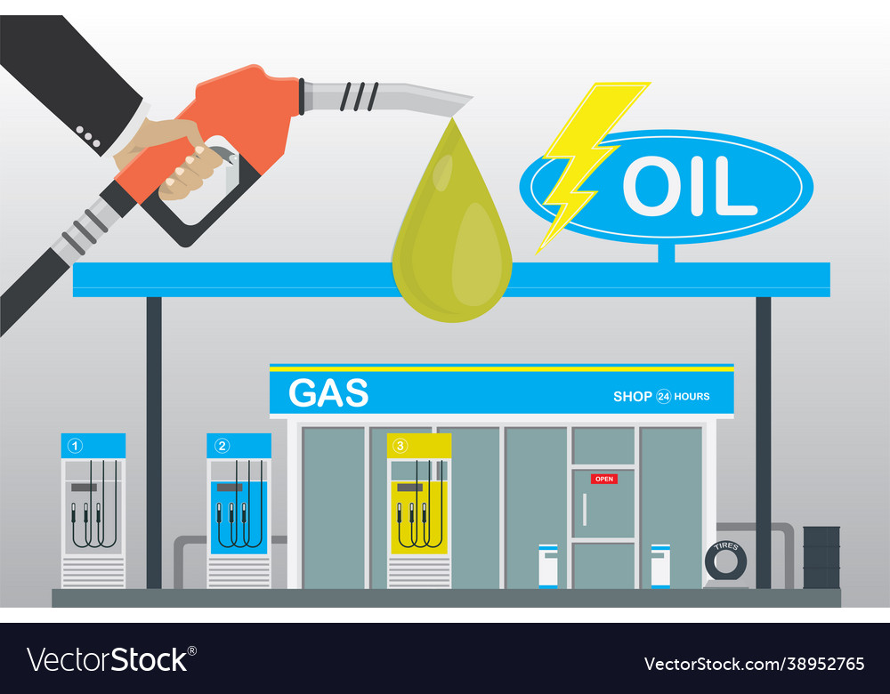 Gas station and supermarketfuel pump in hand man Vector Image