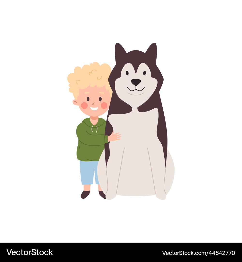 Boy hugging a huge husky flat cartoon Royalty Free Vector