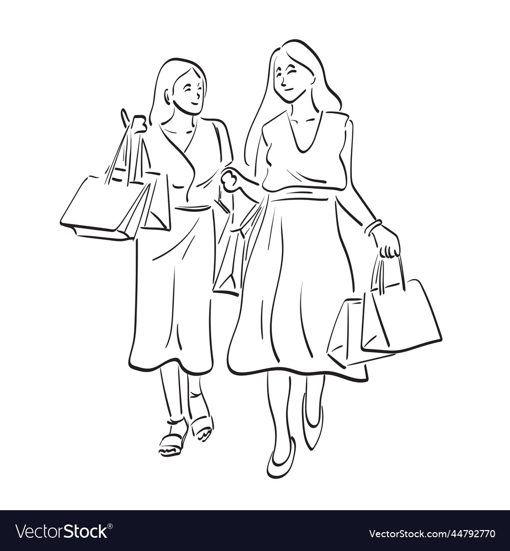 Line art full length of two women with shopping