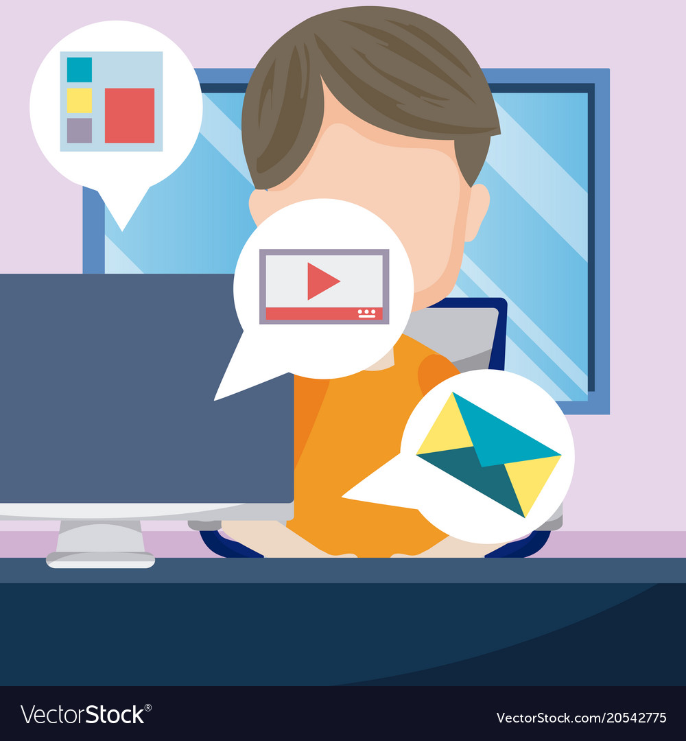 Young man using computer Royalty Free Vector Image