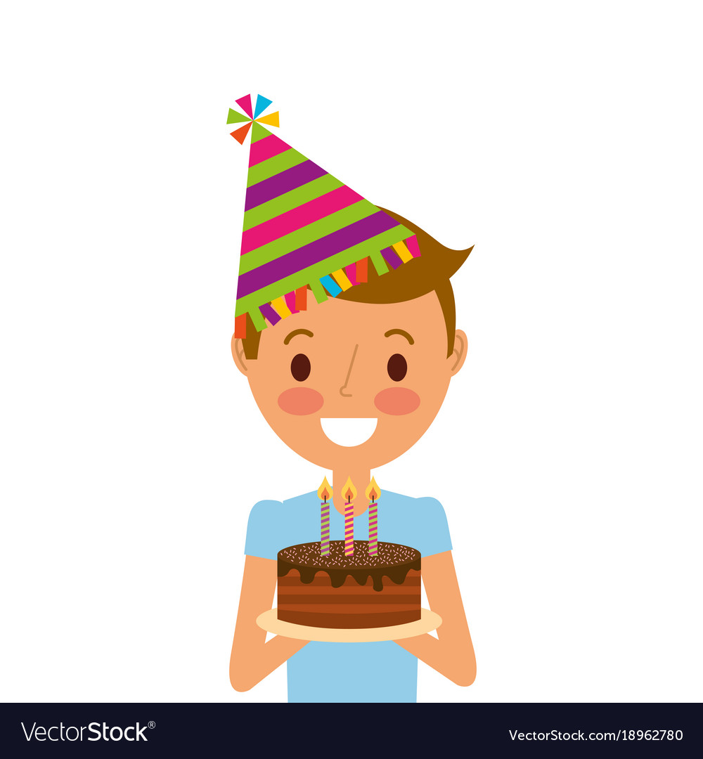 Cute Young Boy Holding Birthday Cake Wearing Party