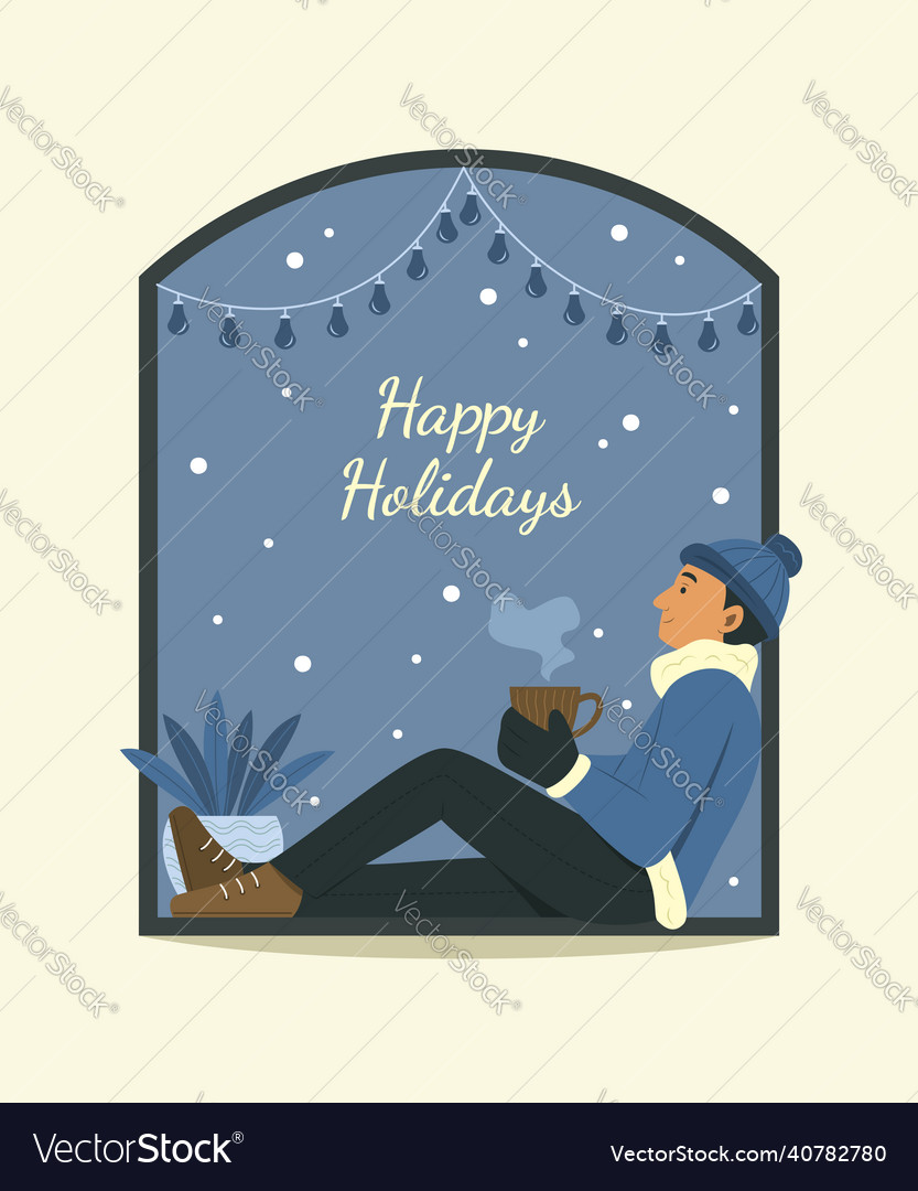 Man sitting on window sill and enjoy with winter