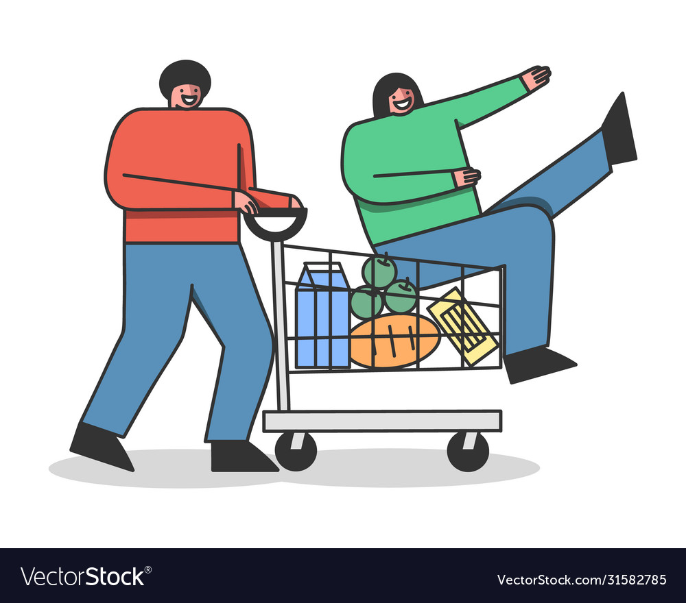 Cartoon man riding woman in supermarket shopping