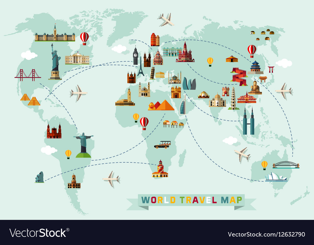 Travel Map Of The World Map of the World and Travel Icons Royalty Free Vector Image