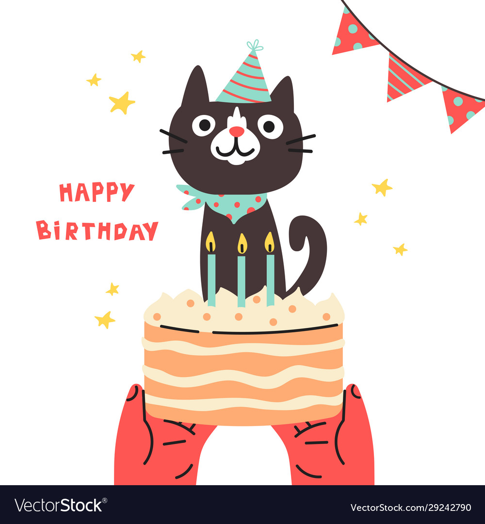 Pet Birthday Partycat In Festive Capcartoon Vector Image