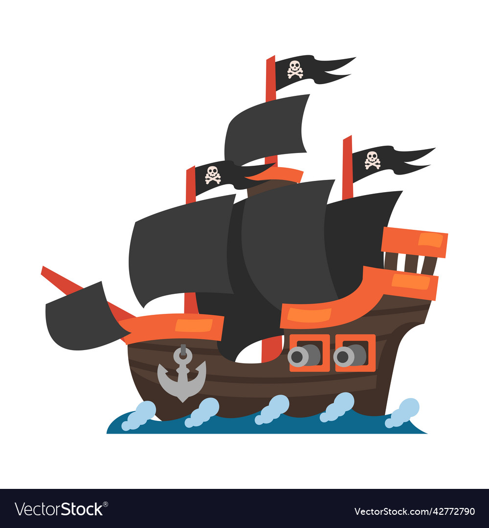 Pirate ship or caravel with black sail and flying Vector Image