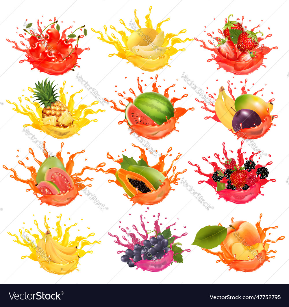 Set of fruits and berries in juice splashes Vector Image