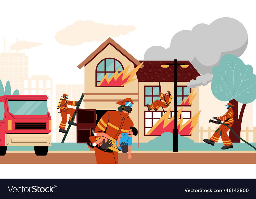 Fire fighting team extinguish burning building Vector Image