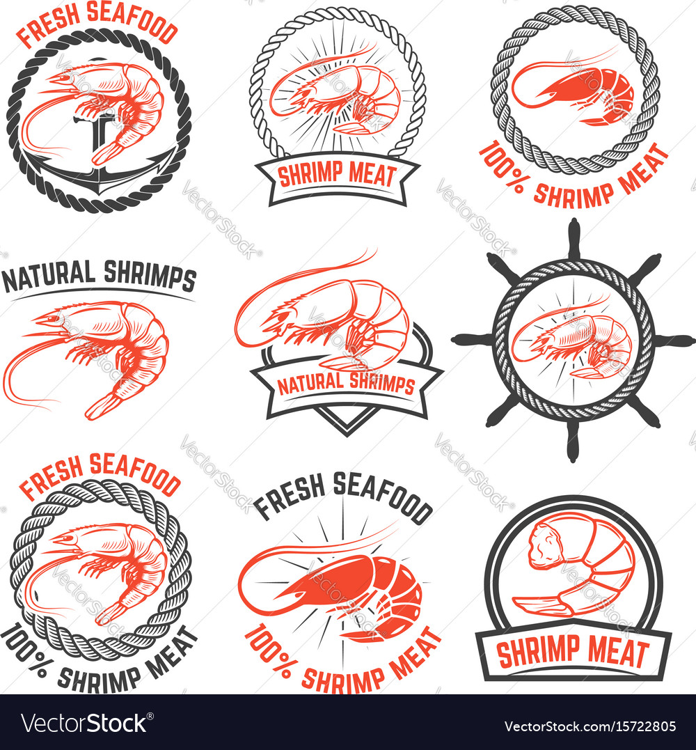 Set shrimps meat labels isolated on white Vector Image