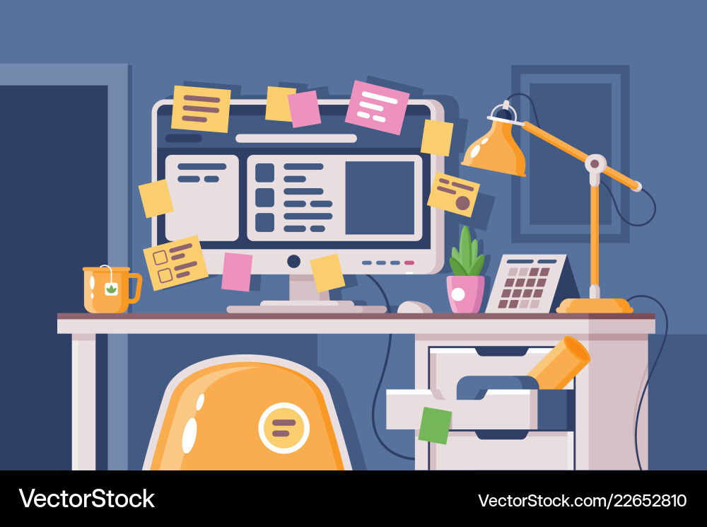Cluttered workplace with computer pasted over Vector Image