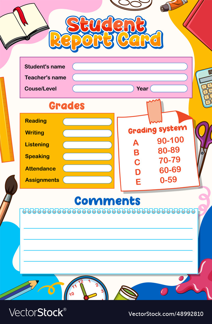 Teachers cartoon style printable student report Vector Image