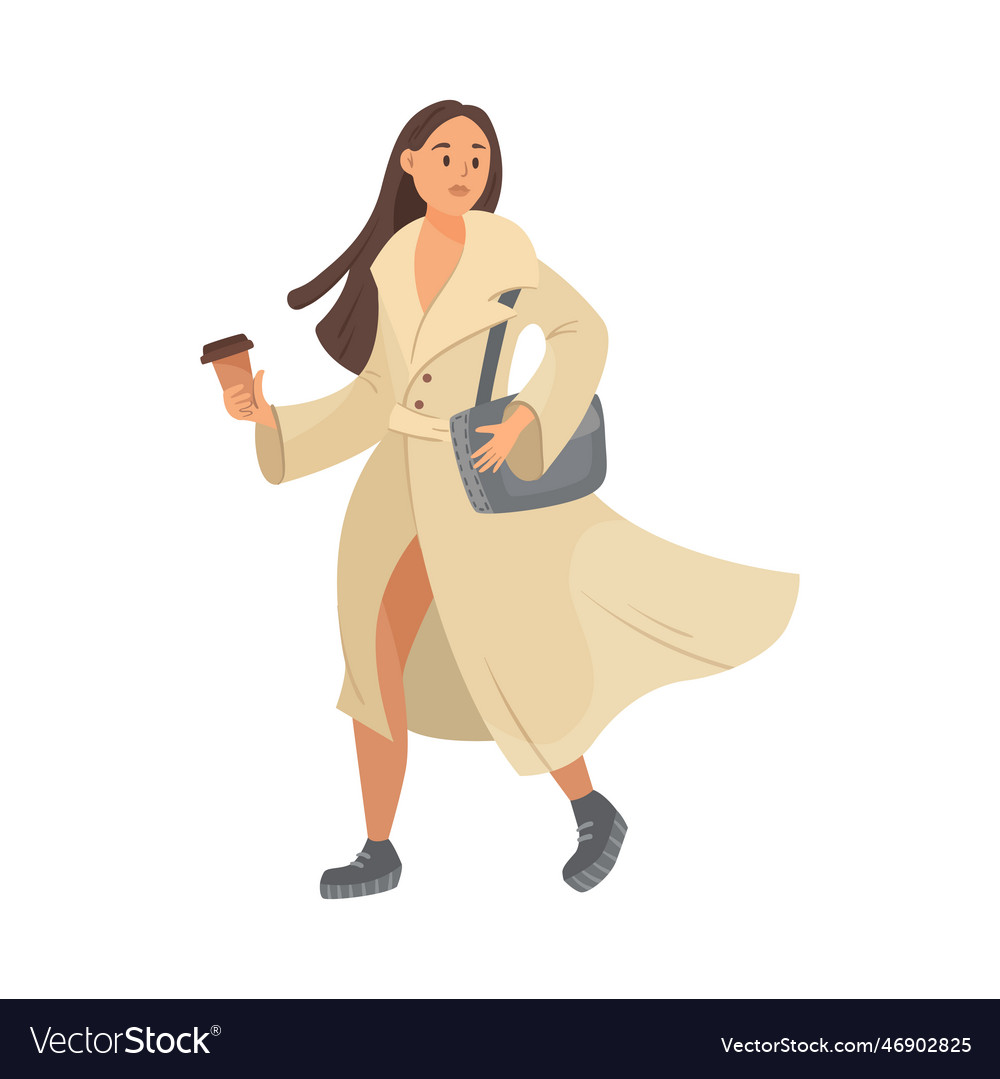 Busy woman in hurry with coffee in white coat Vector Image