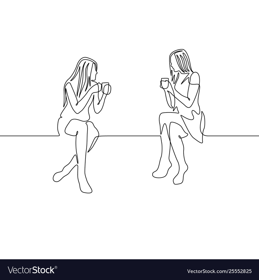 Continuous One Line Drawing Two Womans Chat Over A