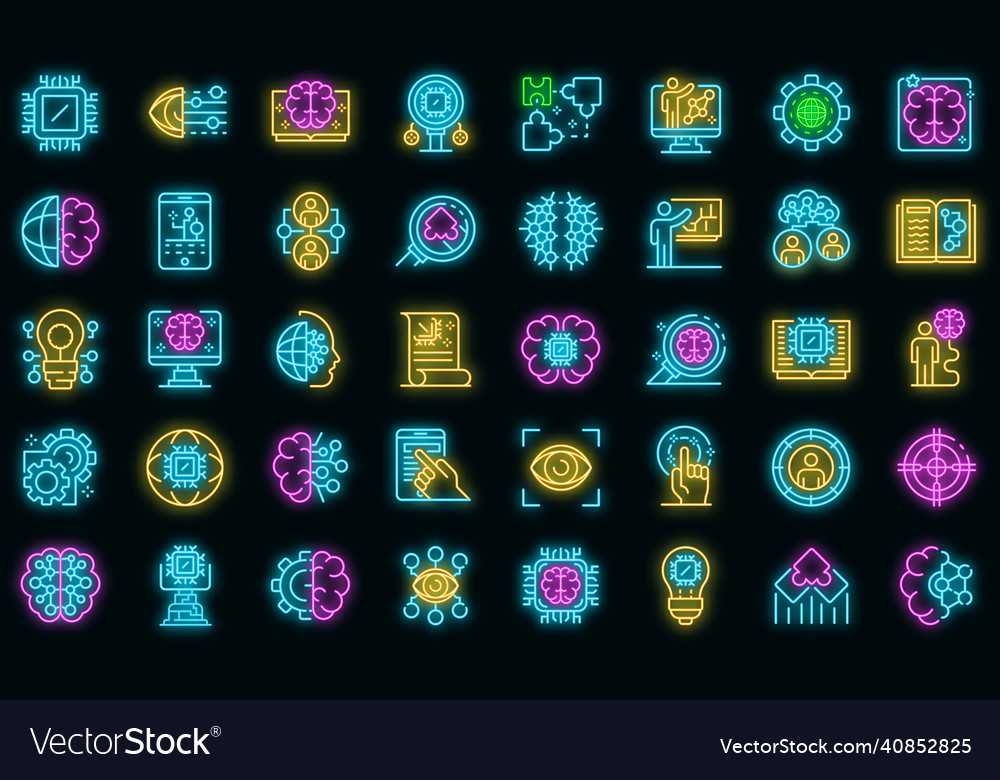 Machine learning icons set neon