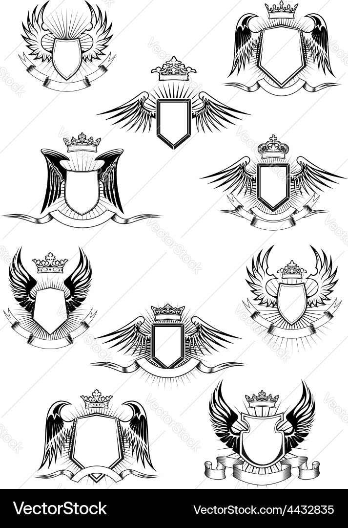 Heraldic winged shields with crowns and ribbon Vector Image