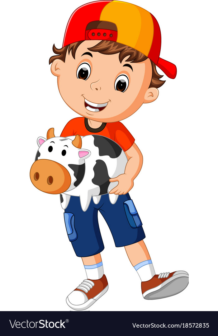 Little boy holding cow bank Royalty Free Vector Image